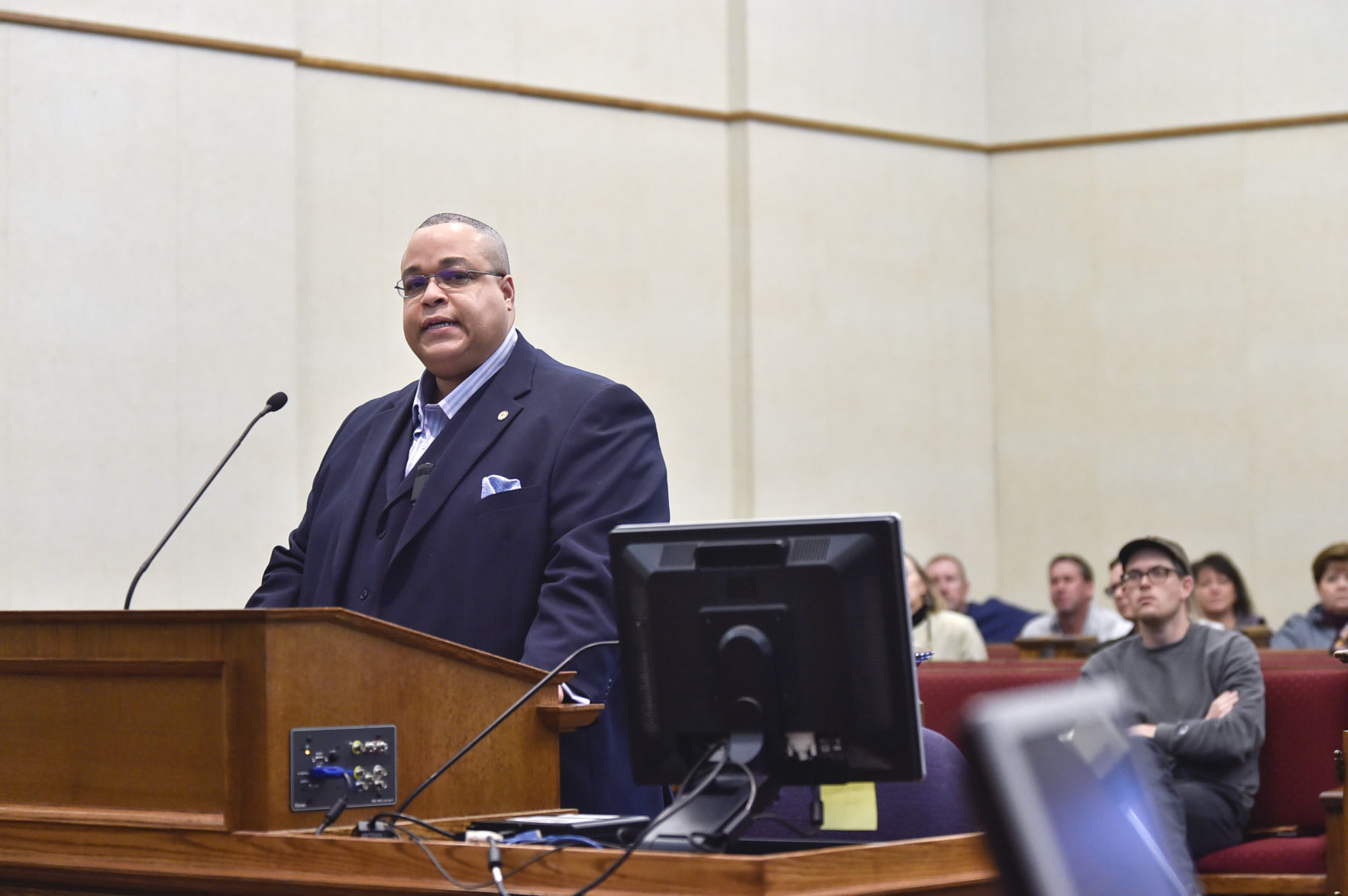 Gregory Thomas gives public comment